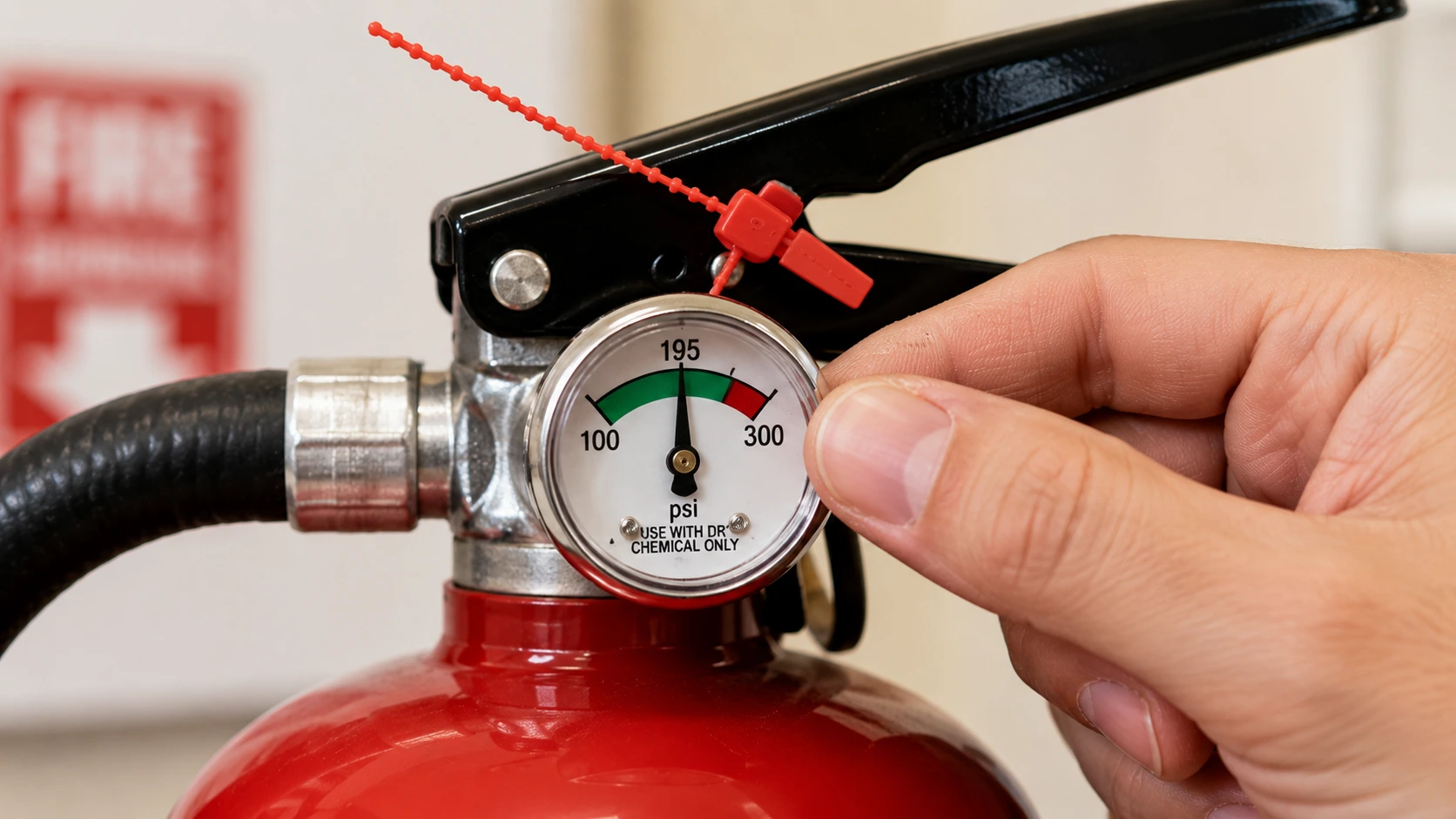 Hand checking fire extinguisher pressure gauge showing needle in green zone, intact tamper seal on pin, and readable label &mdash; demonstrating monthly inspection steps