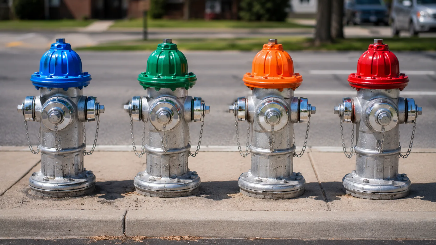 Four fire hydrants in a row showing the four NFPA 291 bonnet color classes: blue bonnet (over 1500 GPM), green bonnet (1000-1499 GPM), orange bonnet (500-999 GPM), and red bonnet (under 500 GPM), all with standard yellow or chrome bodies, on a suburban street &mdash; illustrating the complete NFPA 291 color coding system for fire hydrant flow rate classification