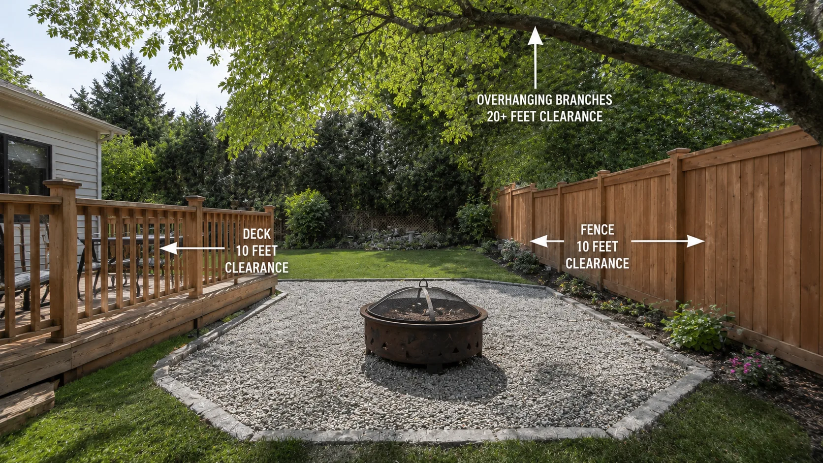 Backyard fire pit burning on a gravel pad showing correct clearance distances &mdash; measuring tape extended to show 10 feet from the wooden deck railing and fence, overhanging tree branches visible above at greater height, illustrating the clearance requirements for safe fire pit placement in a residential backyard