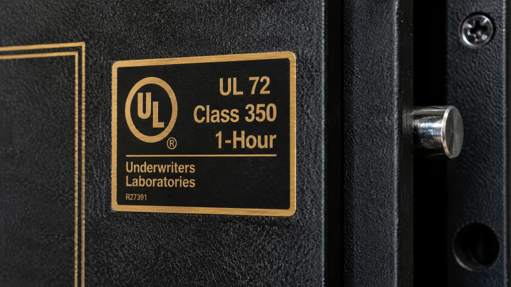 Close-up of a fire-resistant safe door showing the UL 72 Class 350 1-Hour certification label in gold and black, with the Underwriters Laboratories mark &mdash; the rating that indicates the safe's interior will not exceed 350&deg;F for at least one hour in a standard fire test, sufficient for paper document protection but not for digital media