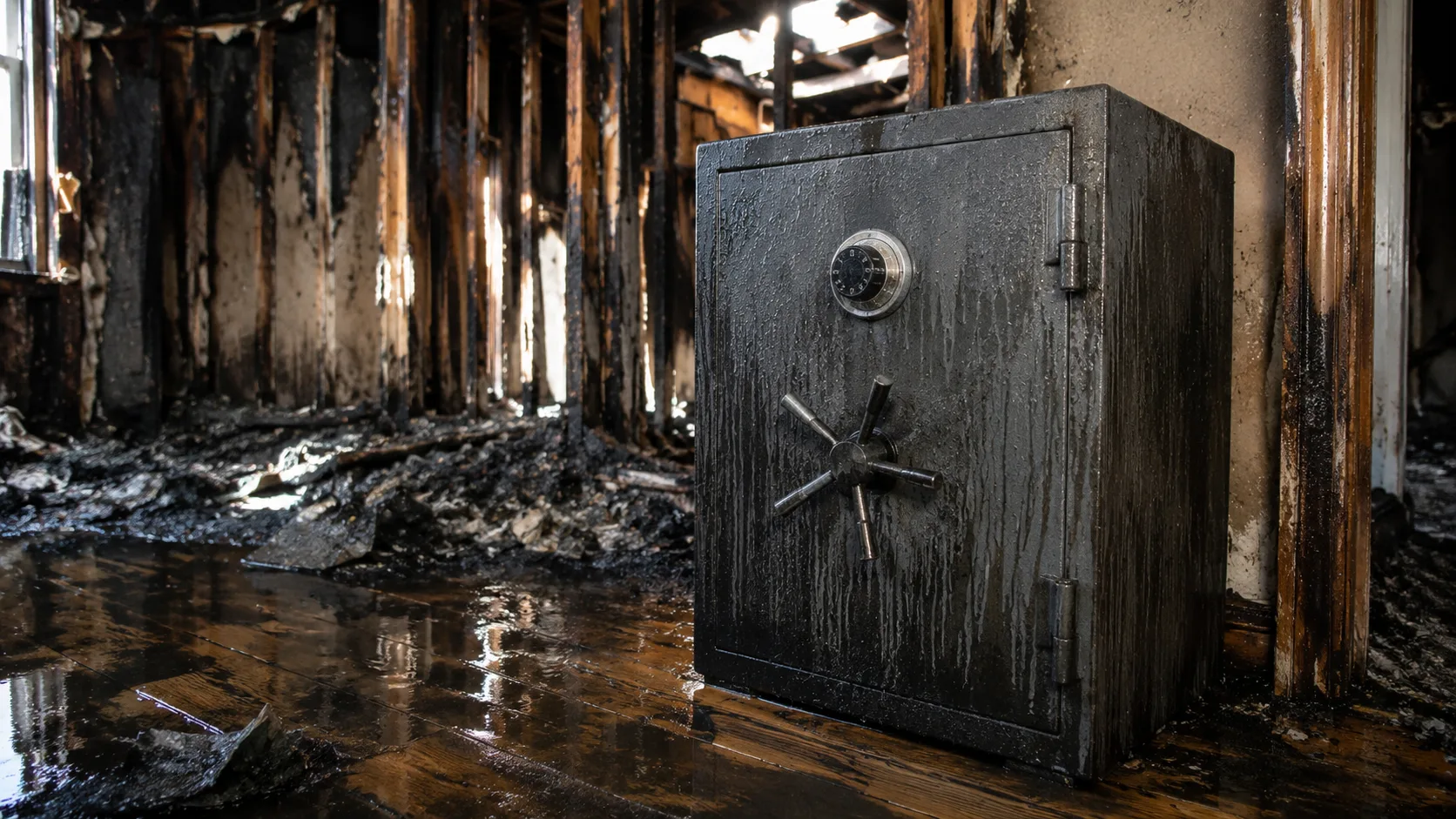 A fire-resistant safe in a burned residential room with firefighting water pooled on the floor around it and water staining visible on the safe exterior &mdash; illustrating that fire safes are tested for heat resistance but not water resistance, and firefighting hose streams can infiltrate safe seals and damage contents that survived the fire itself