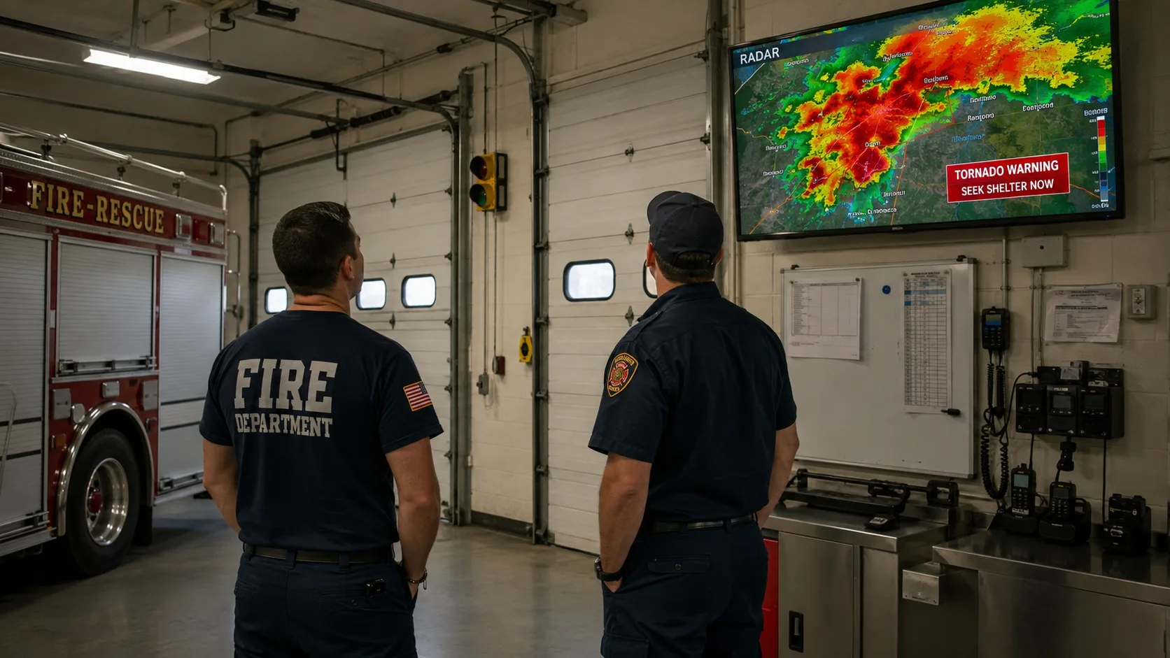 Firefighters standing near an apparatus bay looking at a wall-mounted weather radar display during a severe weather briefing