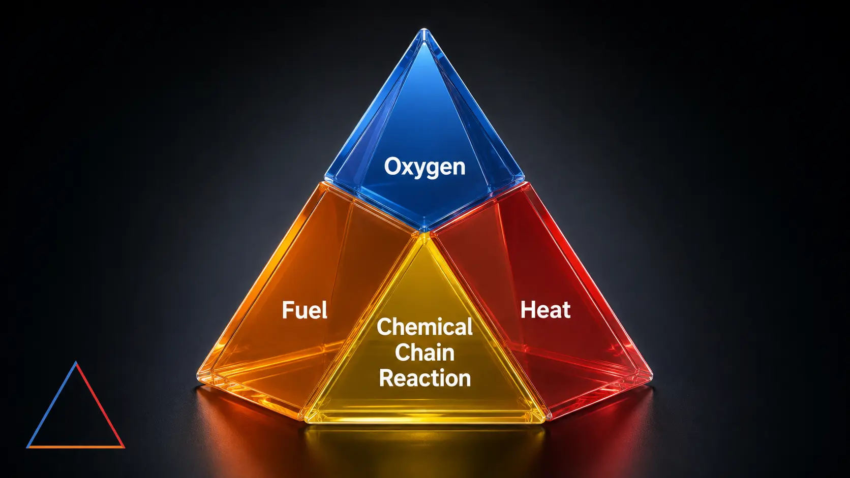 Clean educational diagram showing the fire tetrahedron as a three-dimensional triangular pyramid with four faces &mdash; each face labeled with one of the four components of combustion: Fuel (bottom left face in orange), Heat (bottom right face in red), Oxygen (top face in blue), and Chemical Chain Reaction (front face in yellow) &mdash; with an arrow pointing from a simpler fire triangle diagram in the corner showing its three sides, indicating that the tetrahedron supersedes it