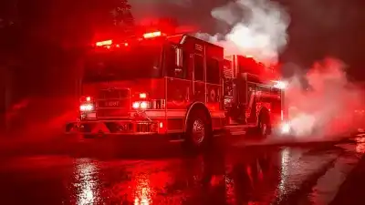 Firefighters rush a fire truck through city streets amid heavy traffic delays during an emergency response.
