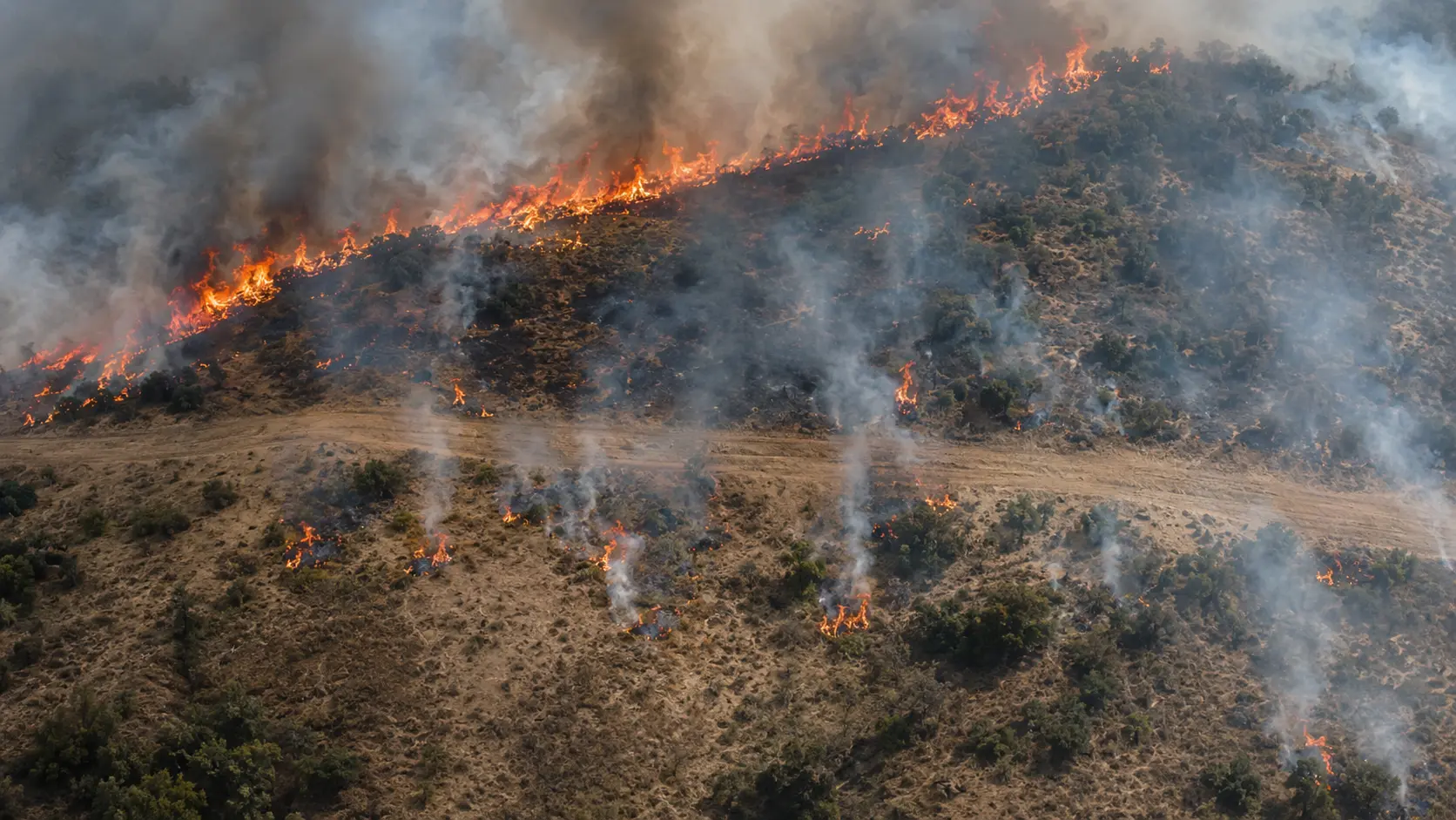 Photorealistic photo showing a wildfire crossing a firebreak &mdash; a dozer line visible as a brown strip across the hillside with active fire visible on both sides, spot fires established on the far side of the break where embers have been carried across by wind, smoke and flame showing on the previously unburned side of the line &mdash; the moment of firebreak failure by spotting with the main fire front still approaching from behind