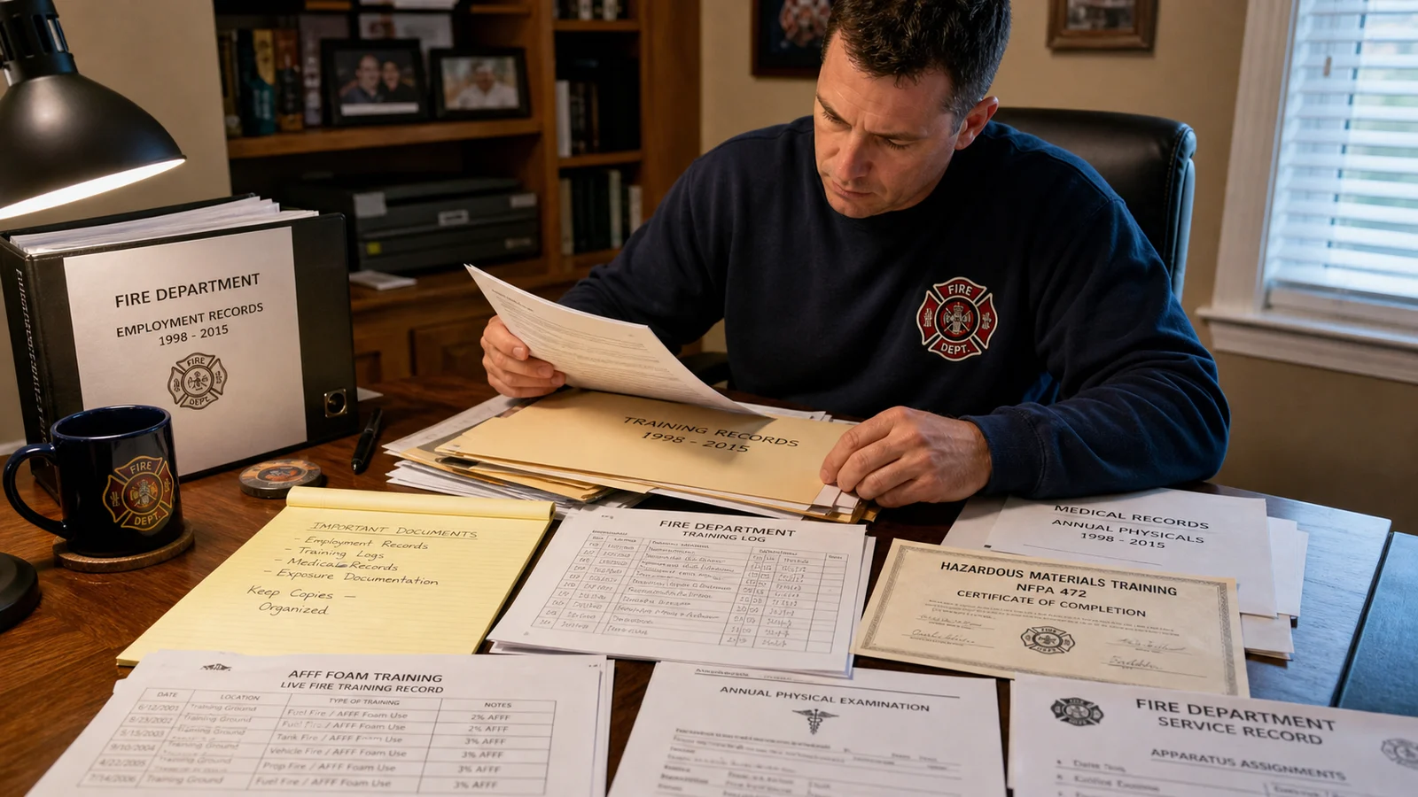 Photorealistic photo of a firefighter in civilian clothes at a home desk organizing a folder of employment and training records &mdash; fire department service records, training logs, and medical records visible spread on the desk, the firefighter carefully reviewing and organizing the documents, a legal notepad with notes beside them, warm home office lighting, realistic editorial documentary photography communicating the importance of preserving exposure documentation for potential legal claims