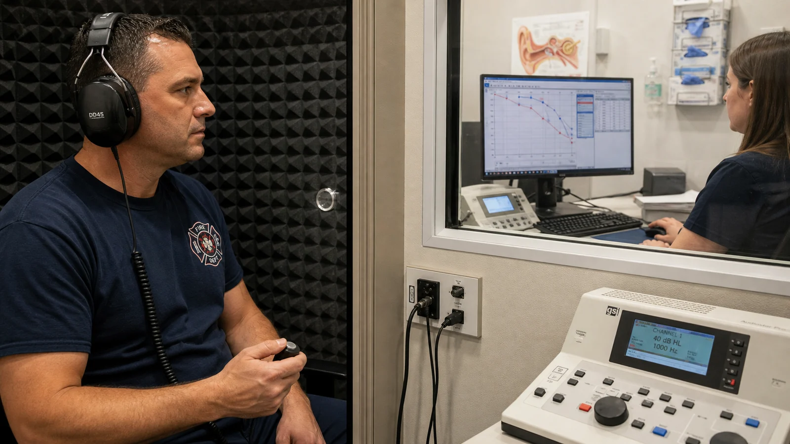 Photorealistic photo of a firefighter wearing headphones seated inside a sound-treated audiometric testing booth during an annual hearing evaluation &mdash; the firefighter pressing a response button, a technician visible through the booth window monitoring the audiogram on a computer screen, professional occupational health clinic setting, realistic editorial medical photography style