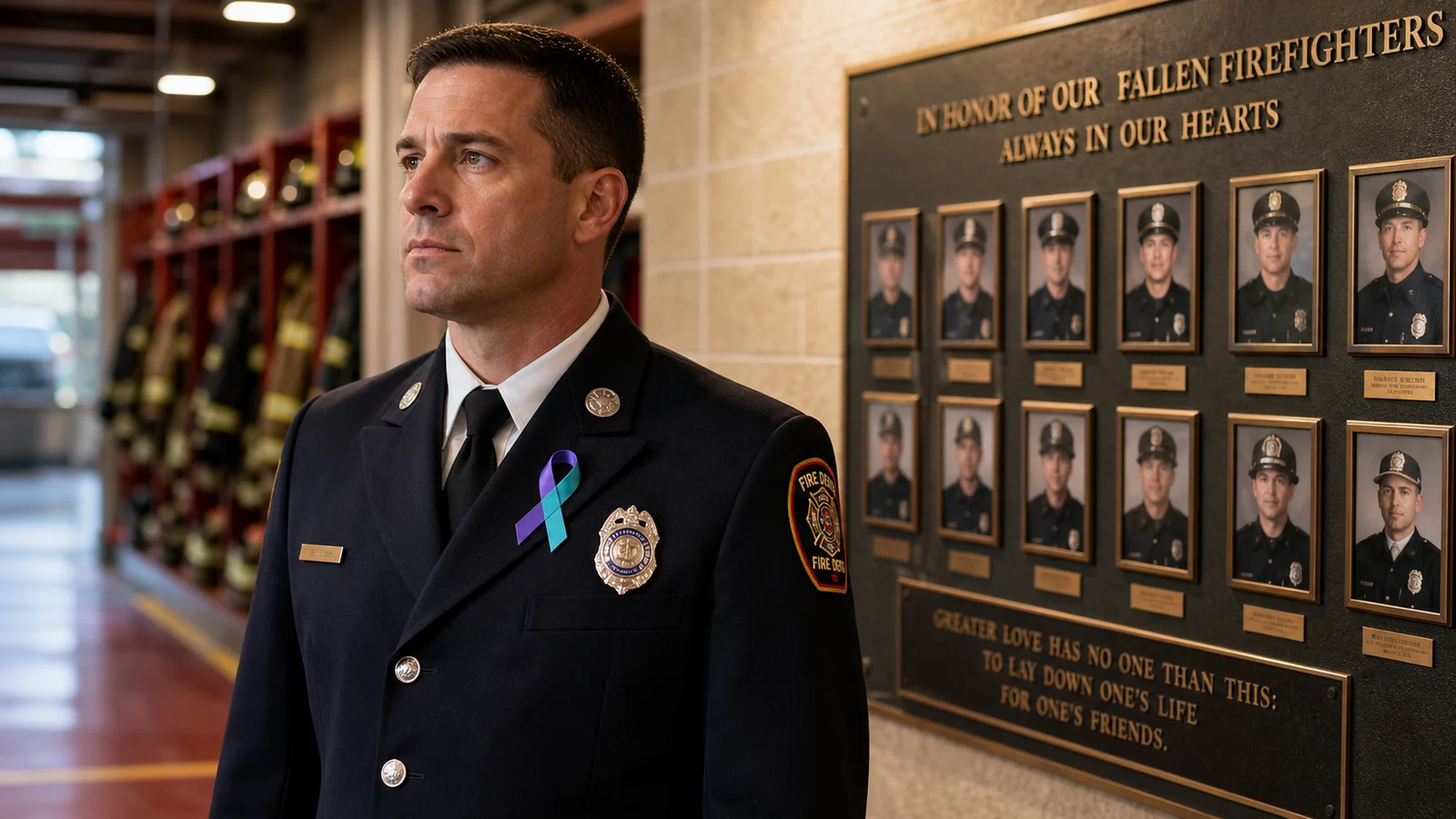 Photorealistic editorial photo of a firefighter in dress uniform with a cancer awareness ribbon pinned to their chest, standing in a fire station hallway with photographs of fallen firefighters visible on the memorial wall in the background &mdash; the image communicating the serious occupational cancer burden in the fire service associated with toxic exposures including PFAS, respectful and dignified editorial photography style, warm interior fire station lighting