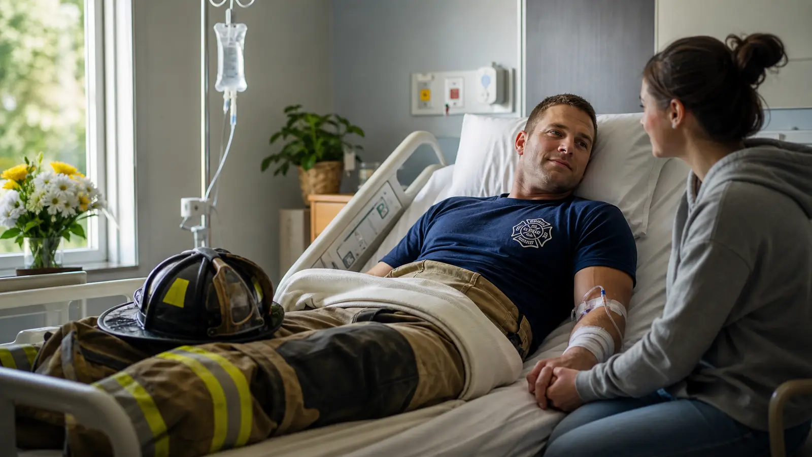 Firefighter in hospital recovery room with IV line, family member at bedside, medical chart on wall, natural window light &mdash; representing the real human cost of occupational cancer and the importance of presumption law coverage