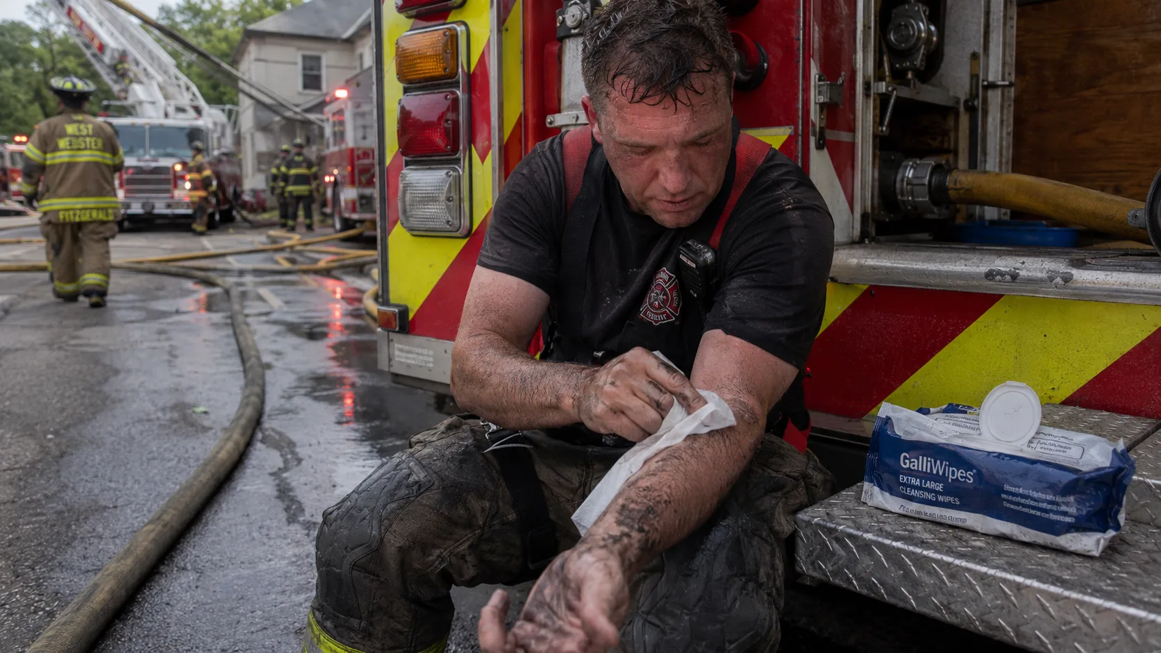 Firefighters conducting gross decontamination at the exterior of a structure fire scene &mdash; one firefighter scrubbing another's neck, face, and hands with soap and water using a brush immediately after interior operations, before removing SCBA, turnout gear still on &mdash; showing the post-fire decontamination protocol designed to remove carcinogens before skin absorption occurs