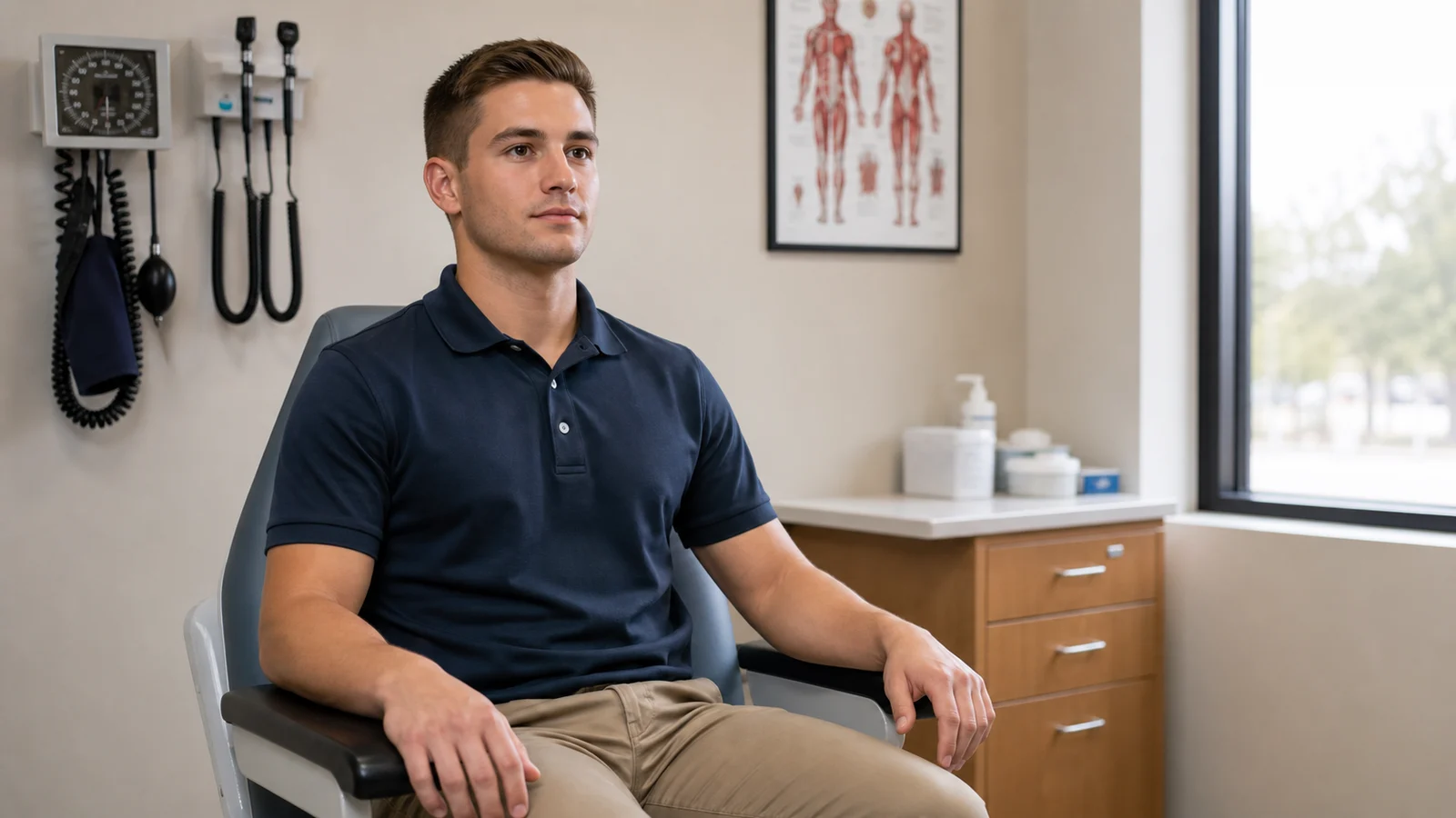 Photorealistic photo of a composed and calm firefighter job candidate &mdash; a young adult in clean professional casual attire &mdash; seated upright in a neutral examination chair in a bright clinical room, hands relaxed on armrests, looking forward with a steady and honest expression, window with natural light to one side, minimal clinical room decor, the scene communicates composure and integrity rather than anxiety, realistic editorial photography style