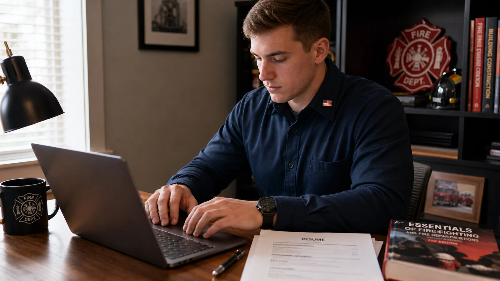 Photorealistic photo of a young firefighter candidate in a clean collared shirt seated at a home desk writing a professional cover letter on a laptop, printed resume visible beside the keyboard, focused and serious expression, warm natural home office lighting, American flag pin visible on shirt collar, bookshelf with fire service training manuals in soft background focus, realistic editorial photography style