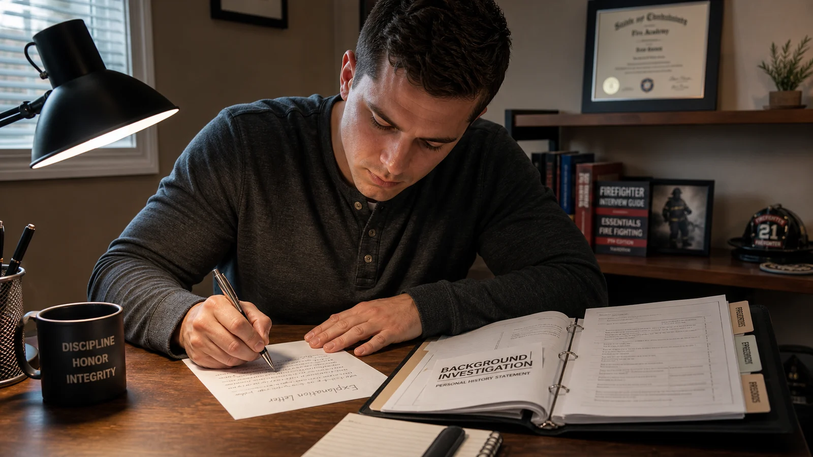 Photorealistic photo of a firefighter job candidate seated at a clean home office desk handwriting a formal explanation letter on white paper &mdash; a background investigation packet open beside them for reference &mdash; focused and serious expression, pen in hand, warm desk lamp lighting, honest and accountable body language, realistic editorial photography style, no uniform visible &mdash; civilian professional attire