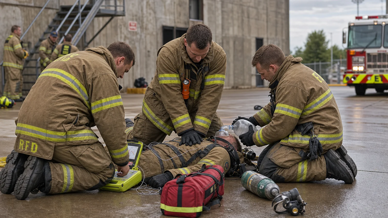 Photorealistic respectful photo of firefighters performing CPR on a downed colleague in turnout gear at a fire training ground &mdash; the crew working in organized teams, one performing compressions, another managing an AED, a third managing the airway, the scene communicating the seriousness of sudden cardiac arrest in the fire service without being graphic, realistic editorial documentary style, training ground environment