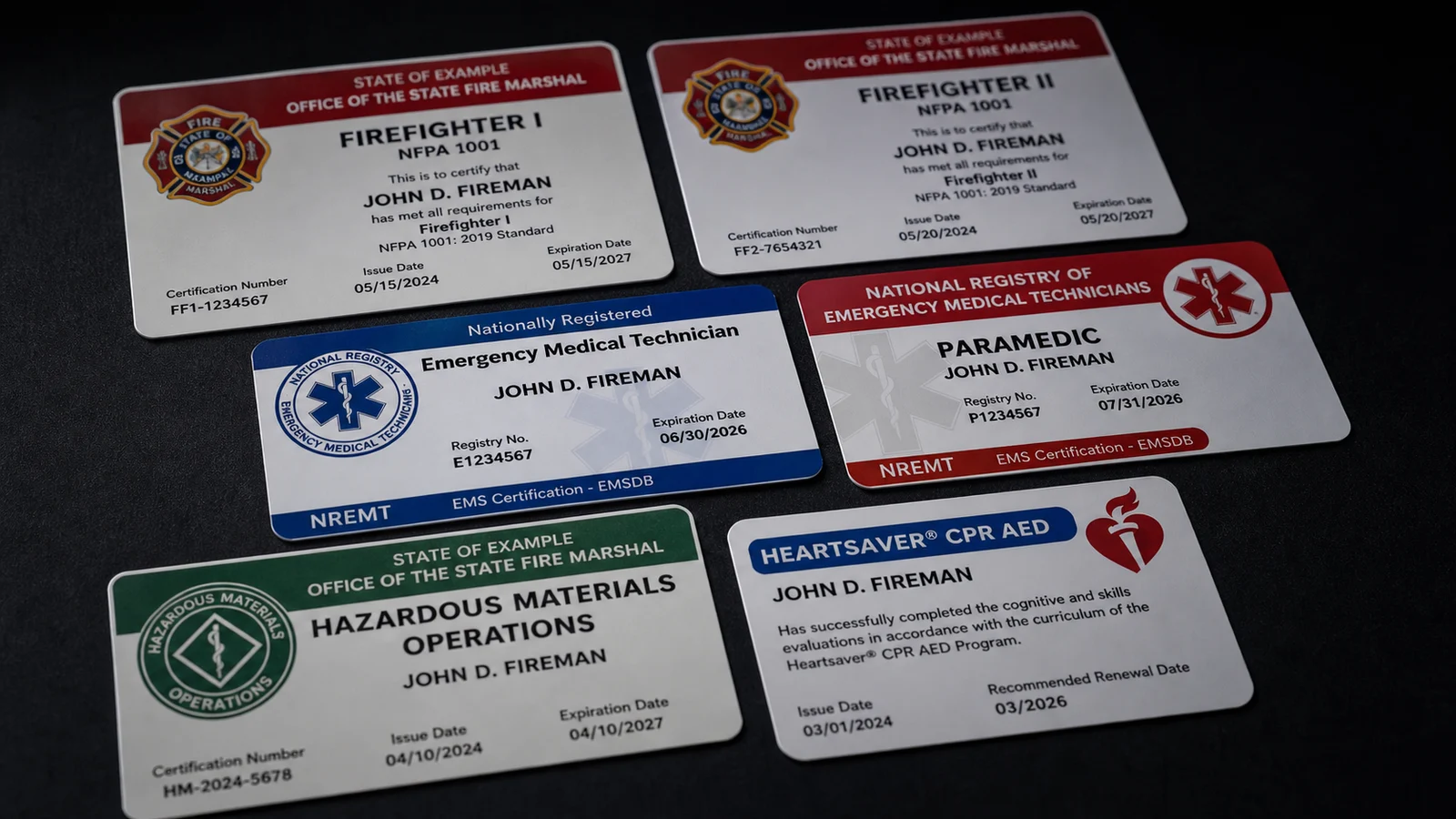 Photorealistic close-up photo of a spread of official firefighter certification wallet cards arranged on a dark surface &mdash; Firefighter I and II NFPA 1001 card, EMT-Basic certification card, National Registry paramedic card, HazMat Operations card, CPR-AED card &mdash; all clearly legible with official state fire marshal and NREMT logos visible, shallow depth of field, dramatic side lighting highlighting the cards