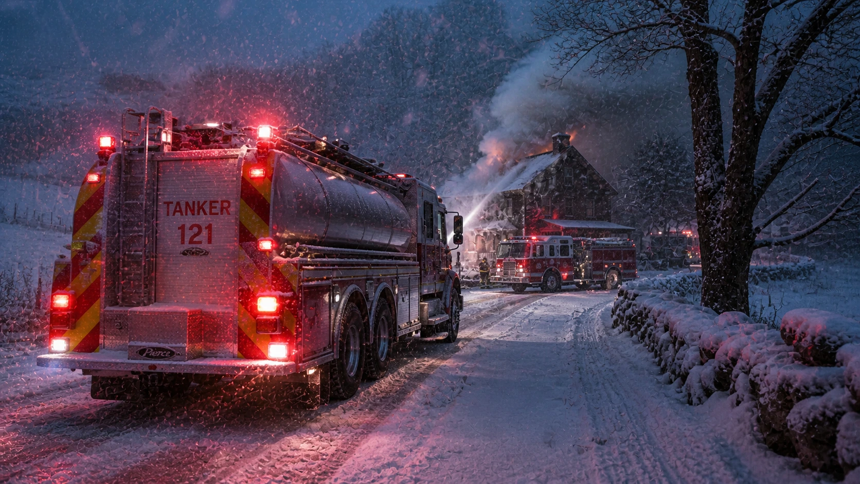 Fire department tanker truck positioned on snow-covered rural road supplying water to engine at winter structure fire with steam rising from operation