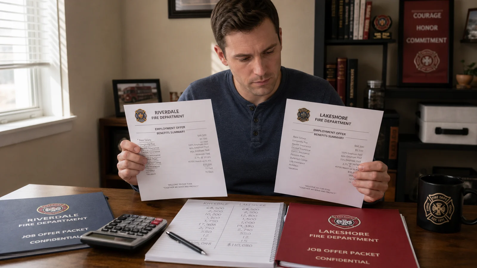 Photorealistic photo of a firefighter in civilian clothes seated at a home desk comparing two fire department job offer packets side by side &mdash; two different city benefit summaries and salary documents spread out with a calculator and notepad showing benefit calculations &mdash; thoughtful analytical expression, home office setting with warm natural light, realistic editorial photography style suggesting careful career decision-making