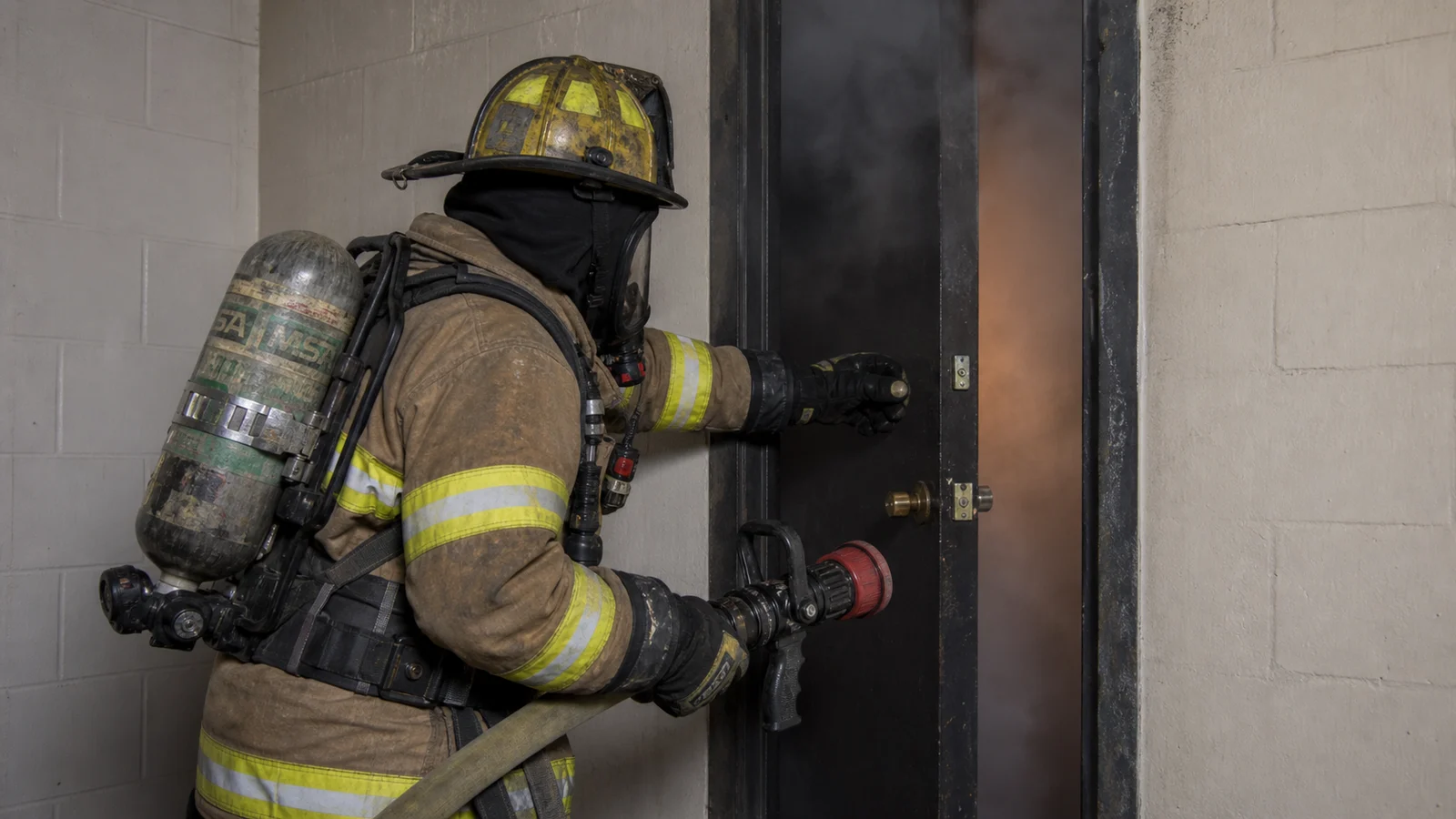 Photorealistic photo of a firefighter in structural turnout gear and SCBA performing a controlled door opening at a fire structure interior &mdash; positioned correctly on the latch side of the door with body protected behind the door frame, opening the door just a few inches with one hand while the other hand holds a charged nozzle at the ready, smoke visible through the door crack, realistic documentary fire service training photography