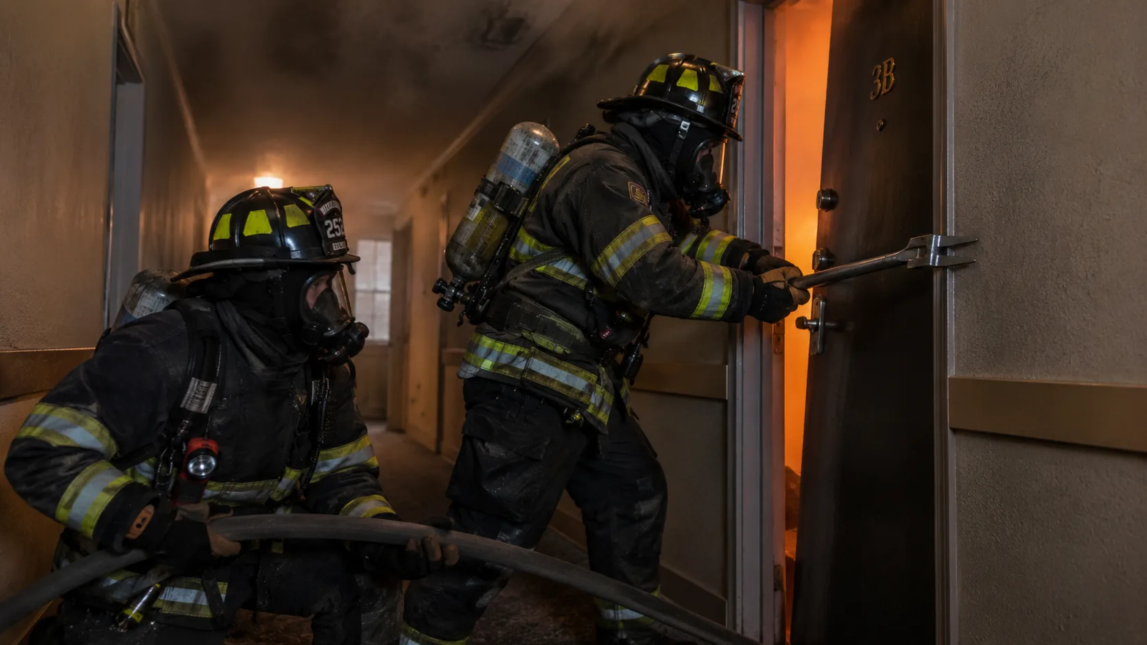 Two firefighters in full turnout gear and SCBA at an apartment door during a wind-driven fire operation &mdash; one firefighter controlling the door with a halligan bar keeping it partially closed while the other positions a hose line, demonstrating the door control technique used to manage wind-driven fire spread in high-rise residential building corridors