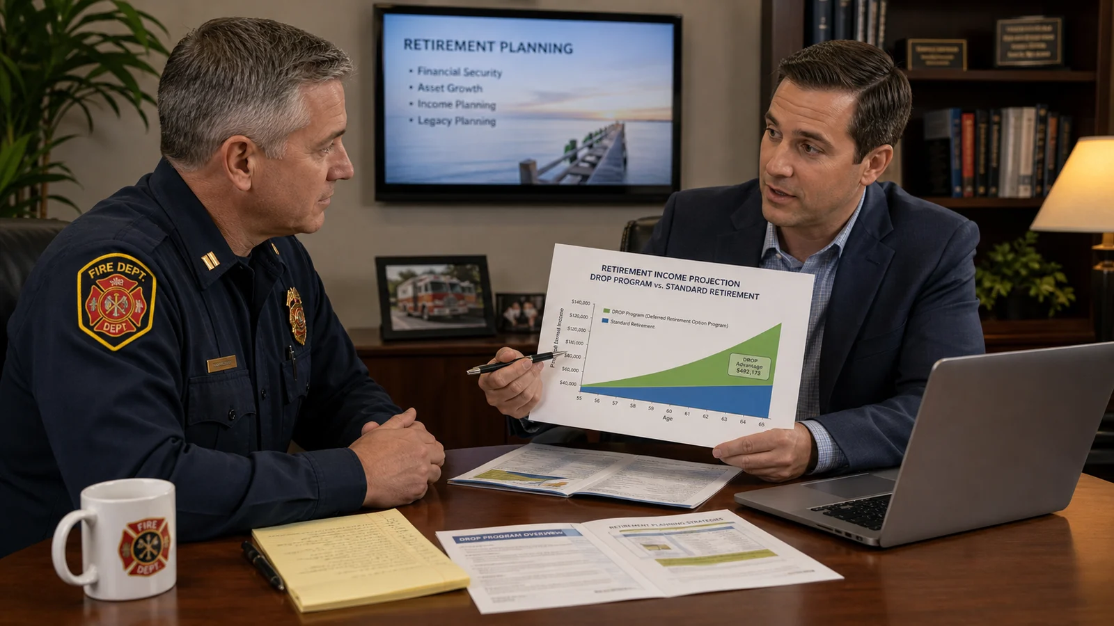 Photorealistic photo of a senior fire captain in their 50s with gray temples seated across from a financial planner in a professional office setting &mdash; the financial planner pointing to a retirement income projection chart showing DROP program accumulation versus standard retirement &mdash; both professional, engaged expressions, financial documents and a laptop on the desk, realistic editorial financial planning photography style, warm office lighting