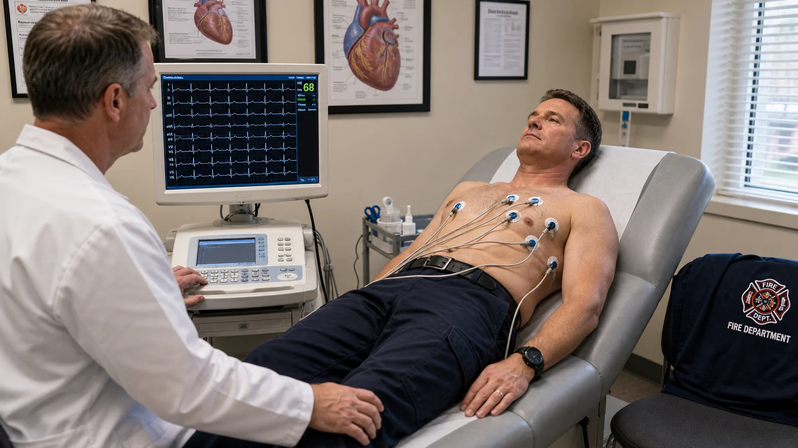 Photorealistic photo of a firefighter in their 40s lying on a medical examination table receiving an electrocardiogram (EKG) &mdash; multiple leads attached to the chest, a physician reviewing the EKG output on a monitor beside the table, professional medical cardiology office setting with clean clinical environment, the firefighter's fire department t-shirt visible on a chair beside the bed, realistic editorial medical photography communicating the importance of cardiac screening for firefighters