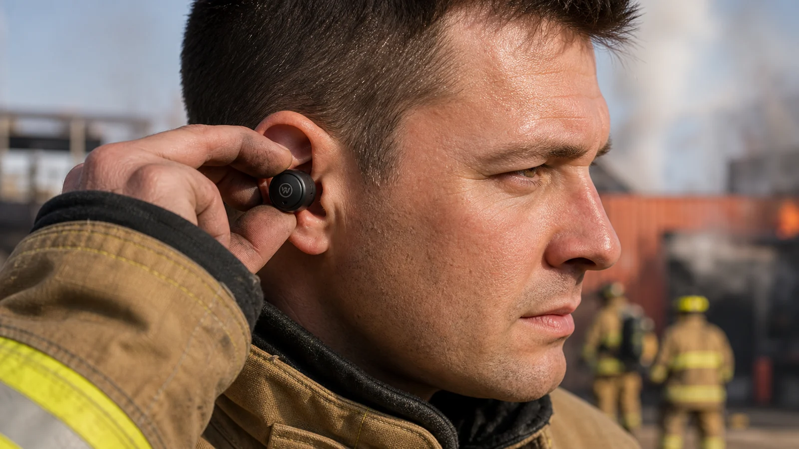 Photorealistic close-up photo of a firefighter inserting a small electronic level-dependent hearing protection earplug into their ear before a training exercise &mdash; the small earplug device visible between gloved fingers, the firefighter in structural turnout gear without the helmet on, the earplug's small battery compartment and microphone port visible, realistic editorial product-in-use photography style, fire training ground visible in soft background focus