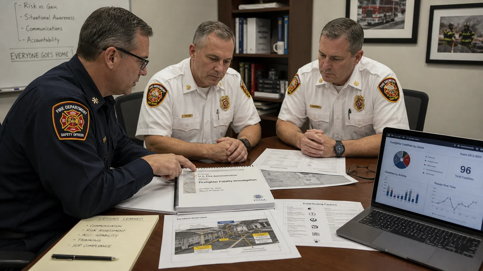 Photorealistic photo of a fire department safety officer and two chief officers seated around a conference table reviewing a U.S. Fire Administration firefighter fatality investigation report &mdash; documents spread on the table showing incident diagrams and timeline charts, a laptop showing data graphs, serious professional expressions indicating a post-incident review, realistic editorial documentary photography style, fire department administrative office setting