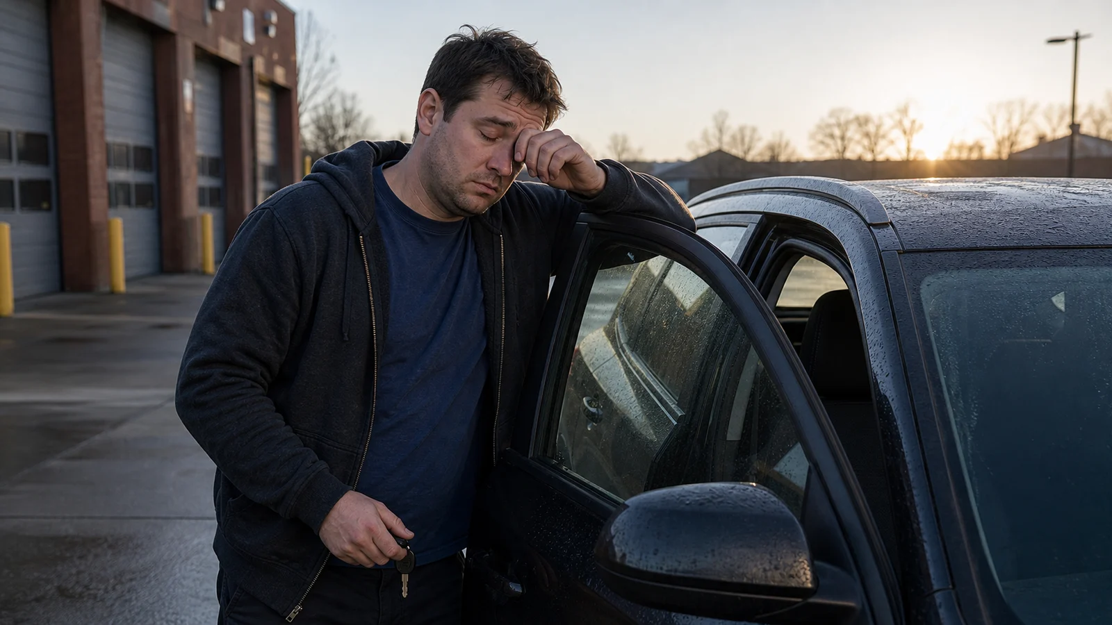 Photorealistic photo of a visibly fatigued firefighter in civilian clothes getting into their personal vehicle in a fire station parking lot at 8 a.m. after a long overnight shift &mdash; heavy eyelids, slumped posture, car keys in hand, communicating the dangerous reality of fatigue during the commute home after overnight firefighting duty, realistic documentary photography style, morning light in the parking lot, no other identifiable details