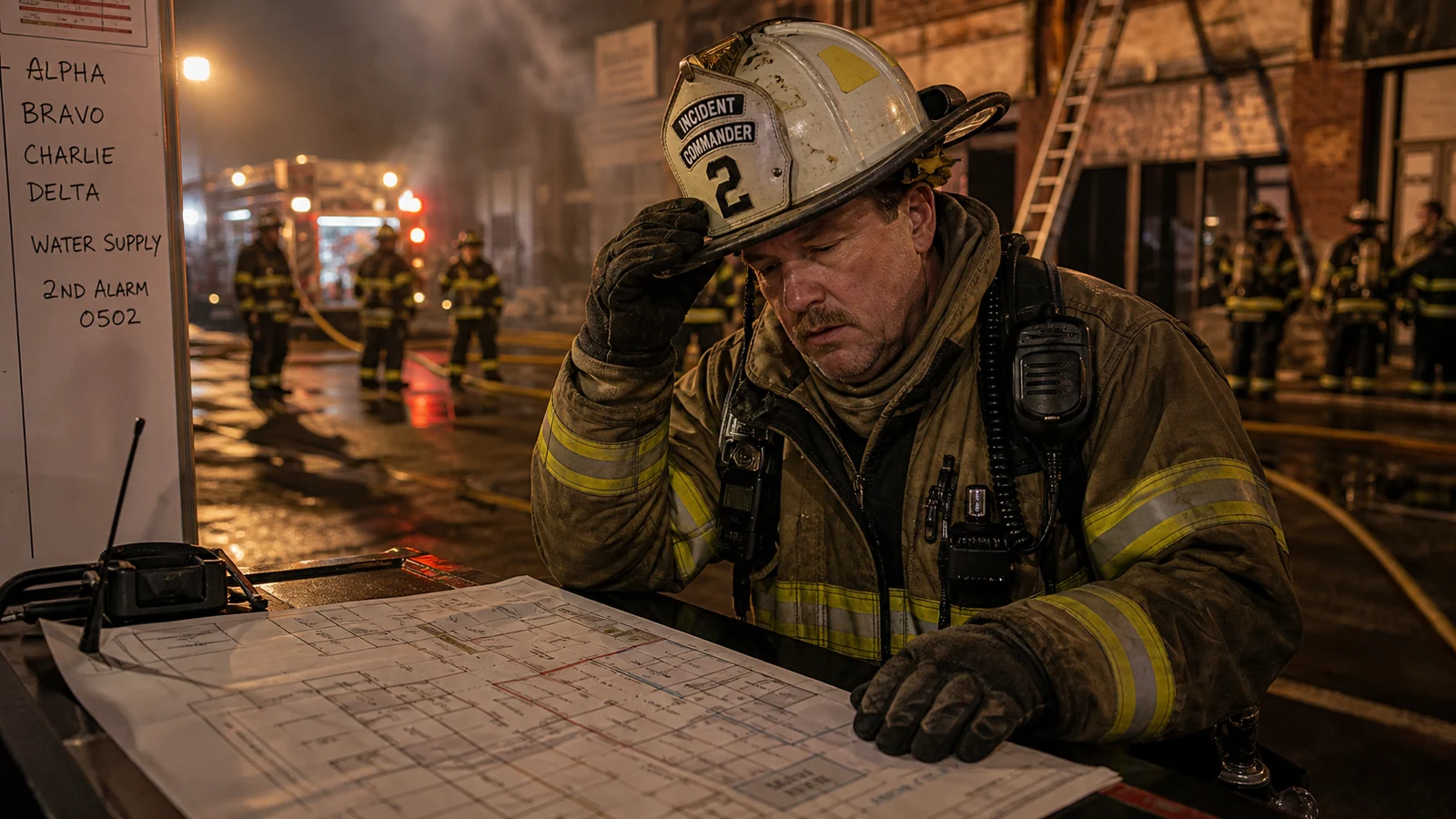 Photorealistic photo of a firefighter incident commander at a working fire showing visible fatigue &mdash; the commander in a white helmet reviewing a building layout map with slightly unfocused eyes and slumped posture, communicating the cognitive impairment that comes with sleep deprivation during extended operations, fire scene visible in background, realistic editorial documentary fire service photography, the image conveying operational risk without being sensational