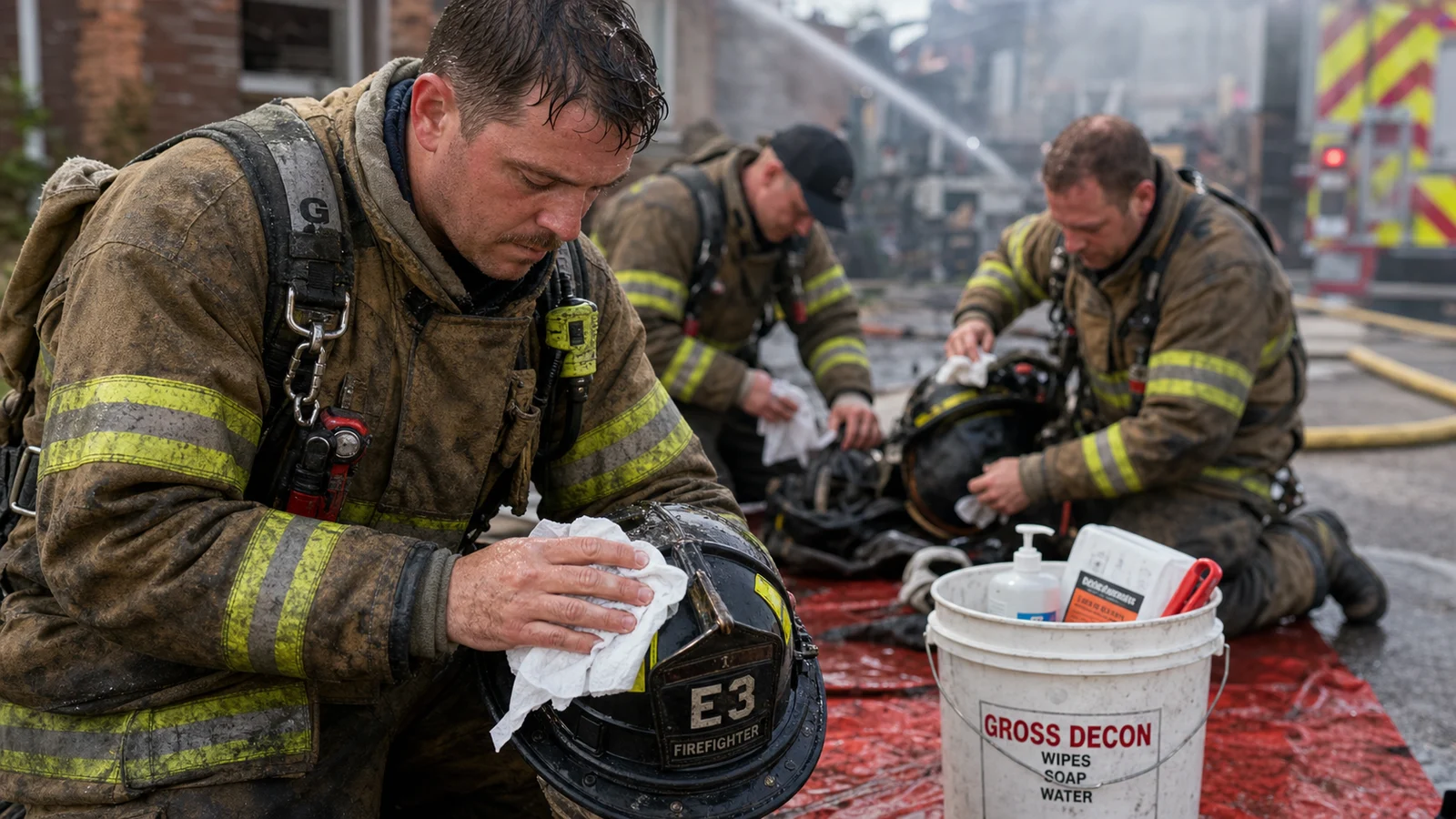 Photorealistic photo of a firefighter performing gross decontamination of their turnout gear at the fire scene &mdash; using a wet decontamination wipe to clean the outside of their jacket and helmet exterior before getting into the fire apparatus, a bucket with decon supplies visible, other crew members doing the same in the background, the fire scene visible beyond with smoke still present, realistic documentary fire service cancer prevention photography