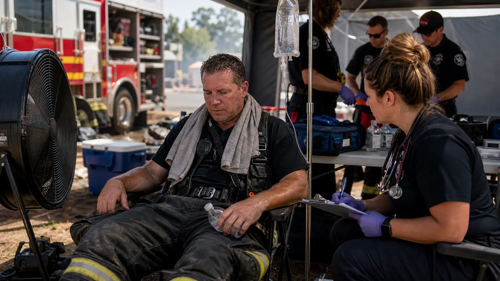 Firefighter sitting in shaded rehabilitation sector after exiting a structure fire, cooling towel on neck, IV hydration in progress, cooling fan directed at them, medical personnel monitoring, photorealistic, no text