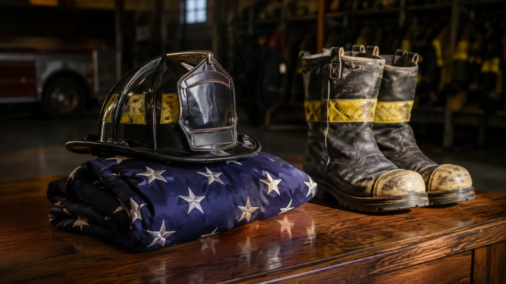 Firefighter's helmet resting on a folded American flag beside a pair of turnout boots, a traditional memorial display honoring a fallen firefighter's line-of-duty death