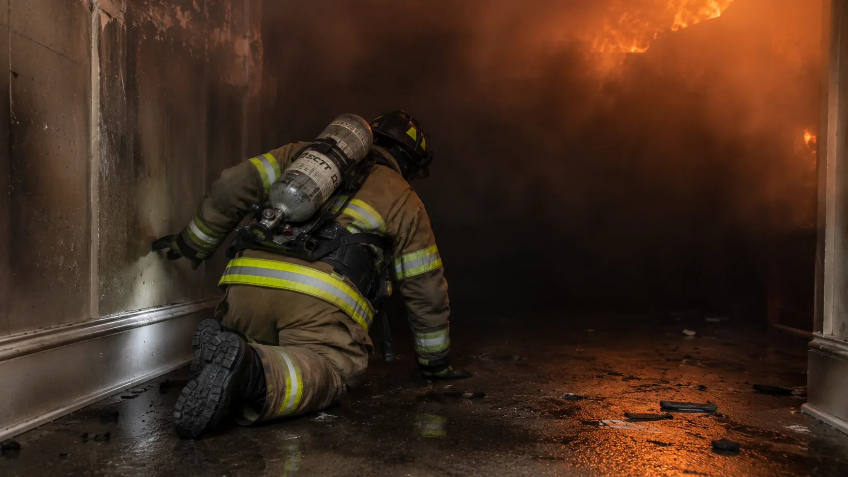 Firefighter in full turnout gear and SCBA crawling on hands and knees through complete zero-visibility smoke inside a burning structure, one gloved hand trailing along the baseboard wall for navigation, the beam of a helmet light absorbed entirely by dense black smoke &mdash; showing interior structural firefighting conditions when visibility reaches absolute zero