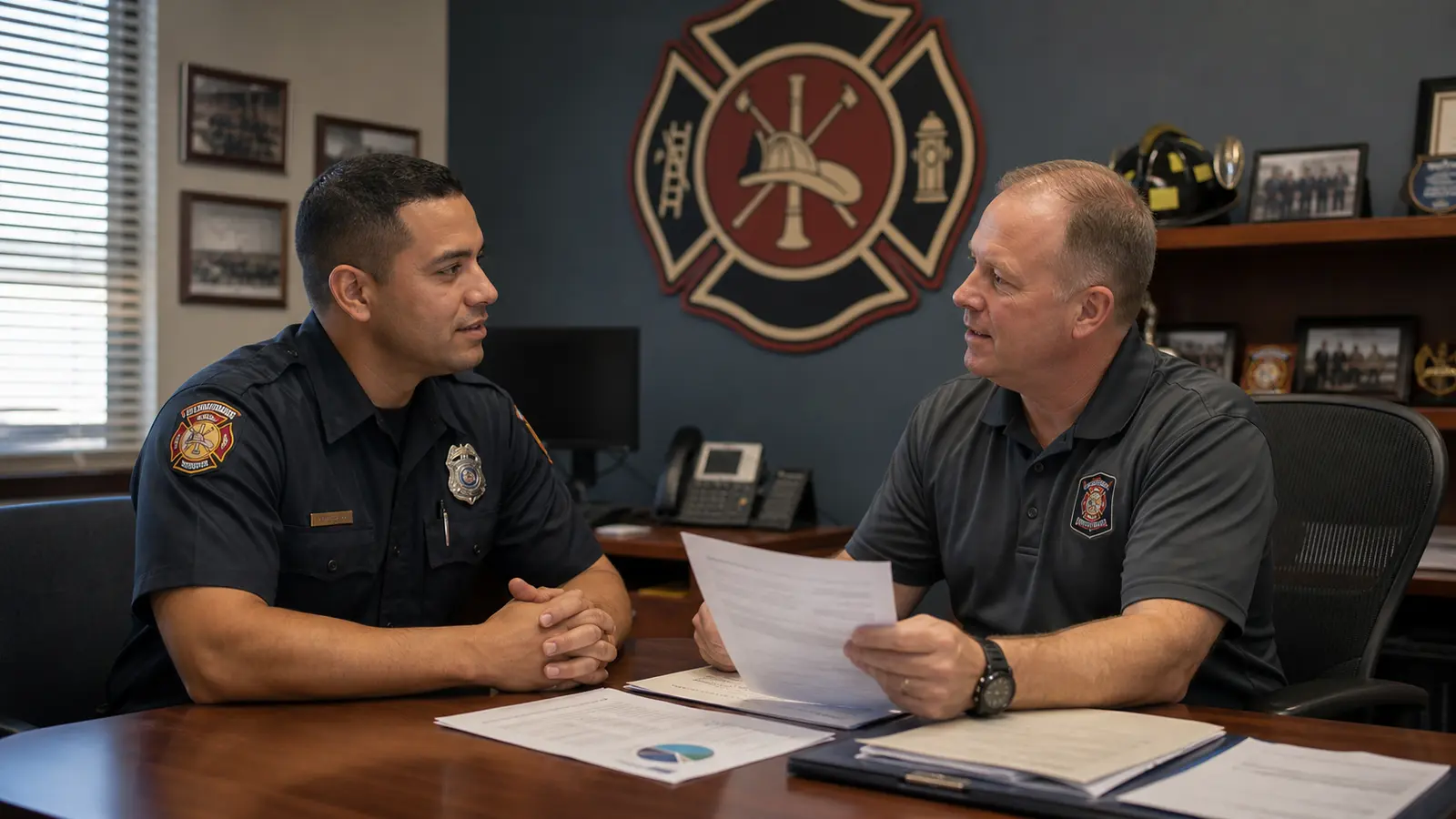 Firefighter in dress uniform sitting across from a fire chief at a desk reviewing paperwork during a lateral transfer hiring process, fire station office setting, formal interview atmosphere, photorealistic, no text