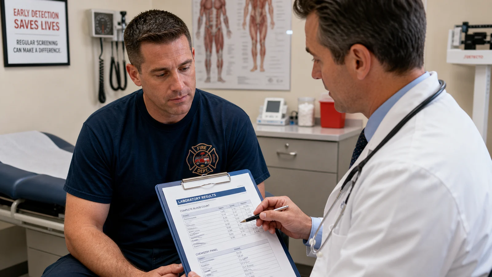 Photorealistic photo of a firefighter in civilian clothes seated in a medical examination room with a physician reviewing blood test results &mdash; the physician pointing to a laboratory report on a clipboard, the firefighter listening attentively with a concerned but hopeful expression, professional medical office setting with examination table and medical equipment visible, realistic editorial medical photography communicating the importance of regular cancer screening for firefighters with occupational exposure history