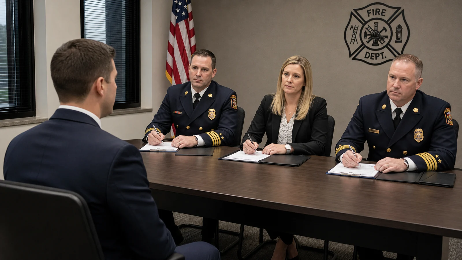 Photorealistic photo of a firefighter oral board interview in progress &mdash; a candidate in a professional suit seated across a table from a three-person evaluation panel consisting of a fire captain in dress uniform, an HR representative in business attire, and a battalion chief &mdash; all taking notes on scoring sheets, conference room setting with American flag, professional overhead lighting, realistic editorial photography style showing the formal structured nature of the panel interview