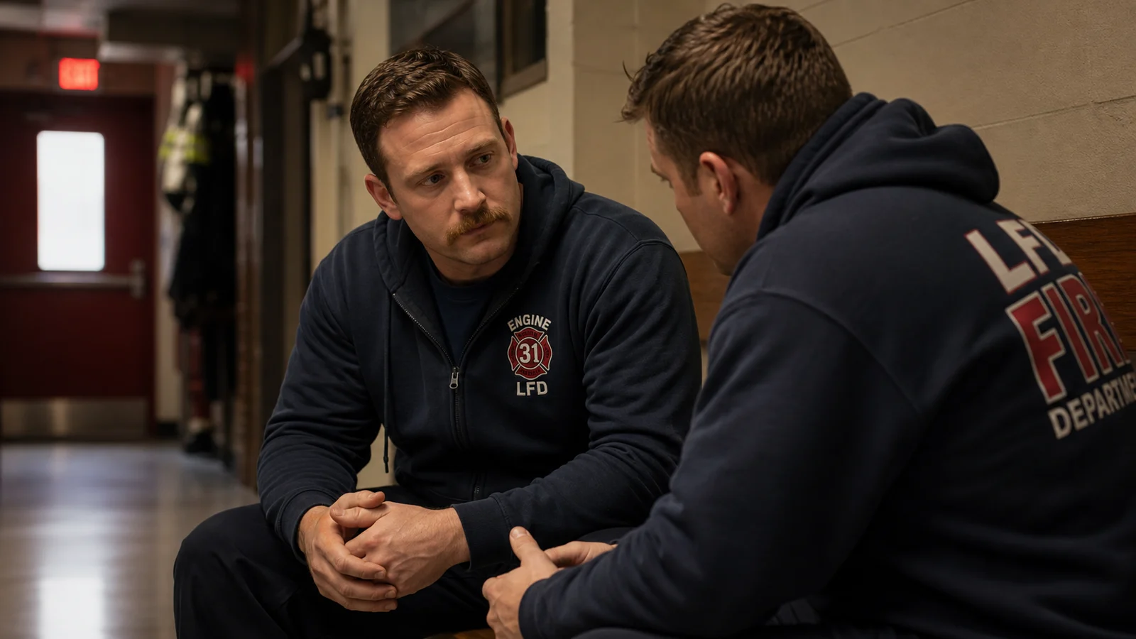 Photorealistic photo of two firefighters in station wear having a private supportive conversation in a fire station hallway &mdash; one firefighter listening attentively while the other speaks with a thoughtful expression, communicating the peer-to-peer nature of emotional support in the fire service, body language showing trust and genuine engagement, realistic documentary fire service photography, warm interior station lighting, the conversation is clearly private and confidential