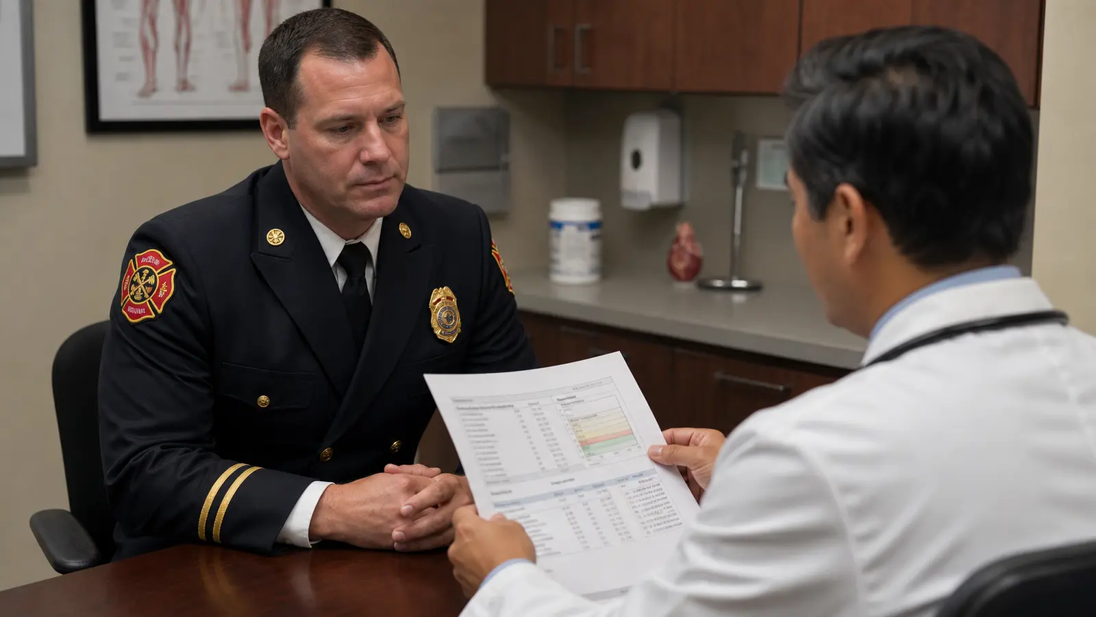 Firefighter in uniform at an occupational health clinic, blood draw in progress, medical professional in lab coat present, clinical setting with professional lighting, photorealistic, no text