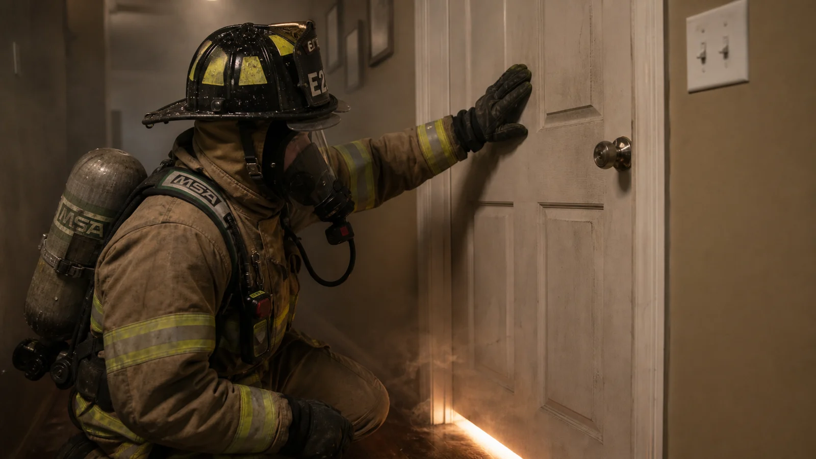 Photorealistic photo of a firefighter in full structural turnout gear and SCBA performing a pre-entry door check &mdash; using the back of a gloved hand to feel the upper portion of a closed interior door for heat before opening, the firefighter positioned to the side of the door frame in a protected position, smoke visible under the door gap, interior hallway setting, realistic documentary fire service photography style