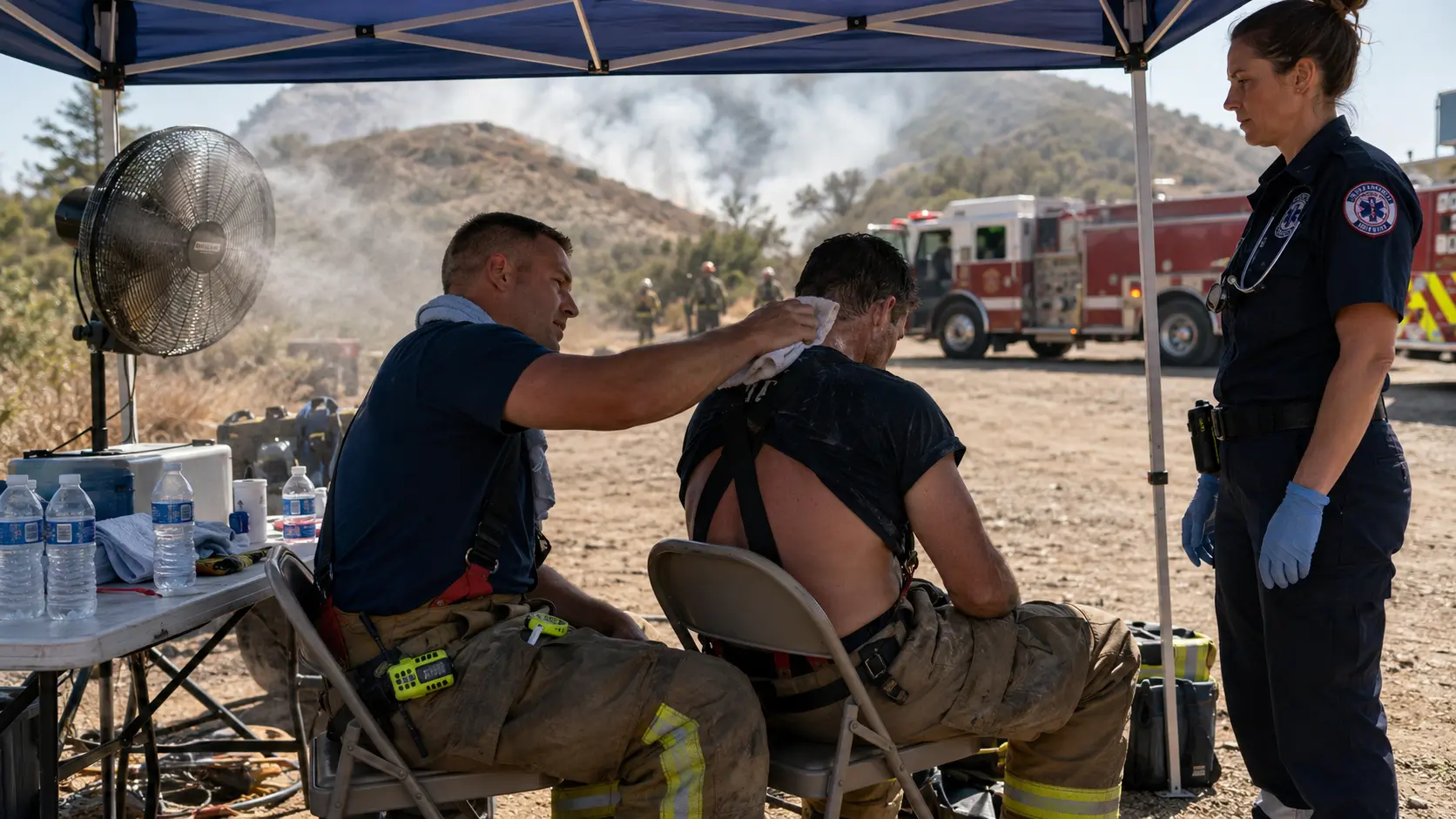 Photorealistic photo of firefighters at a rehab sector under a shade canopy tent at an outdoor fire scene &mdash; two firefighters seated in folding chairs with turnout coats removed, one applying a cold wet towel to the neck of another, a misting fan operating in the background blowing cool air, water bottles on the table beside them, a paramedic monitoring the group from a standing position &mdash; realistic outdoor rehab setting with fire apparatus visible in the background