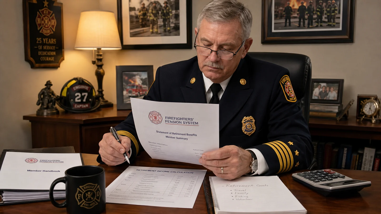 Photorealistic photo of a senior firefighter in dress uniform with captain bars seated at a desk reviewing official pension retirement benefit documents and a retirement income calculation worksheet &mdash; reading glasses on, pen in hand, official pension system letterhead visible on documents, professional home office setting with warm lamp light, framed fire department service photos on wall in background, realistic editorial documentary photography style communicating career achievement and retirement planning