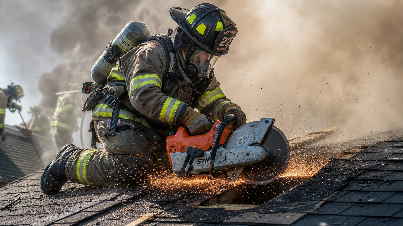 Photorealistic photo of a firefighter on a roof using a rotary saw to cut a ventilation hole &mdash; the saw producing visible debris and sparks, the firefighter in full structural turnout gear and SCBA, communicating the very high noise levels produced by power tools during fireground operations, realistic documentary fire service photography, rooftop scene with smoke in background