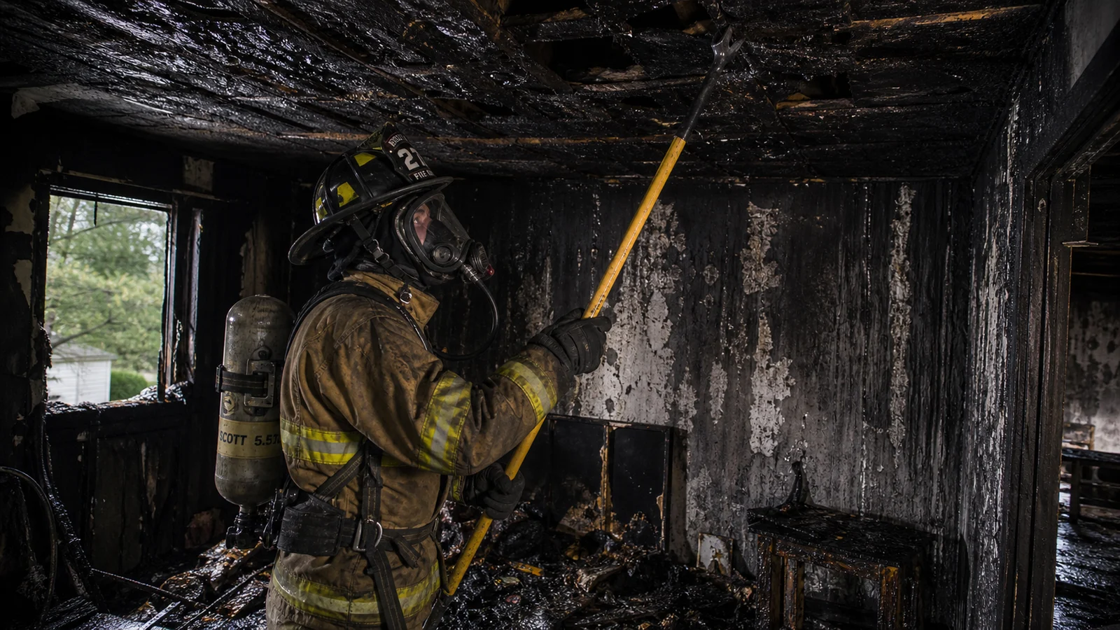 Photorealistic photo of a firefighter in full structural turnout gear with SCBA facepiece on conducting overhaul in a post-fire room &mdash; using a pike pole to probe a ceiling in a scene that appears mostly extinguished, the room showing charred walls and wet debris &mdash; communicating the critical safety message of keeping respiratory protection on during overhaul despite the apparent end of active fire, realistic editorial fire service photography