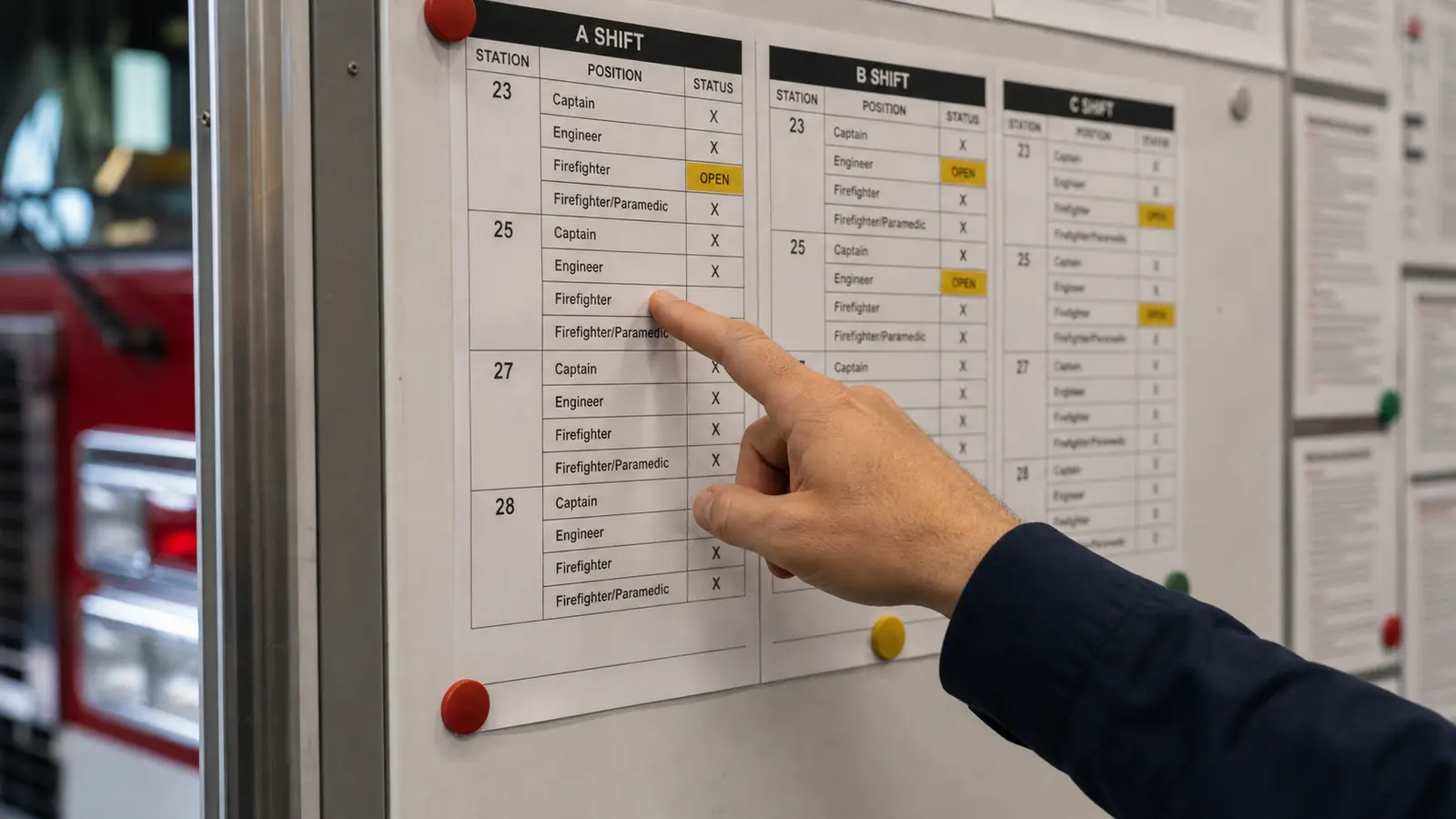 Fire station interior with a shift bid board showing station assignments, shift rotations, and firefighter names organized by seniority, captain reviewing the board, authentic fire station setting