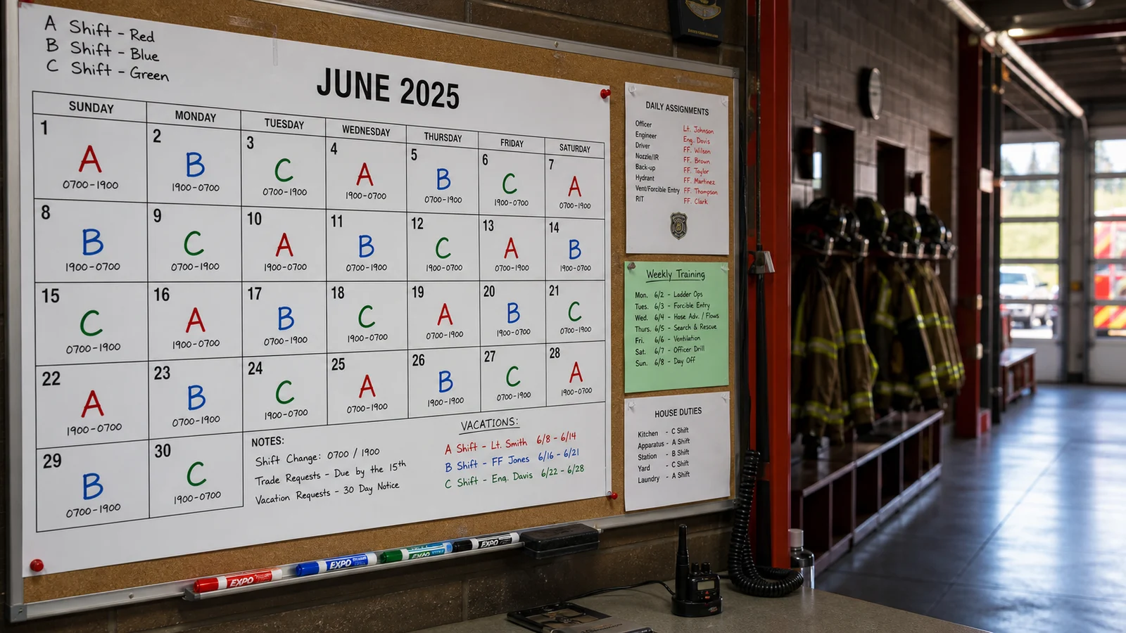 Photorealistic photo of a fire station duty room with a large monthly shift schedule calendar pinned to a bulletin board &mdash; the calendar clearly shows A B C shift rotations with different colored markers for each platoon, shift change times marked, vacation slots noted &mdash; fire station interior visible in background with gear hanging on hooks and apparatus bay doors in the far distance, realistic editorial documentary photography style, natural light from window