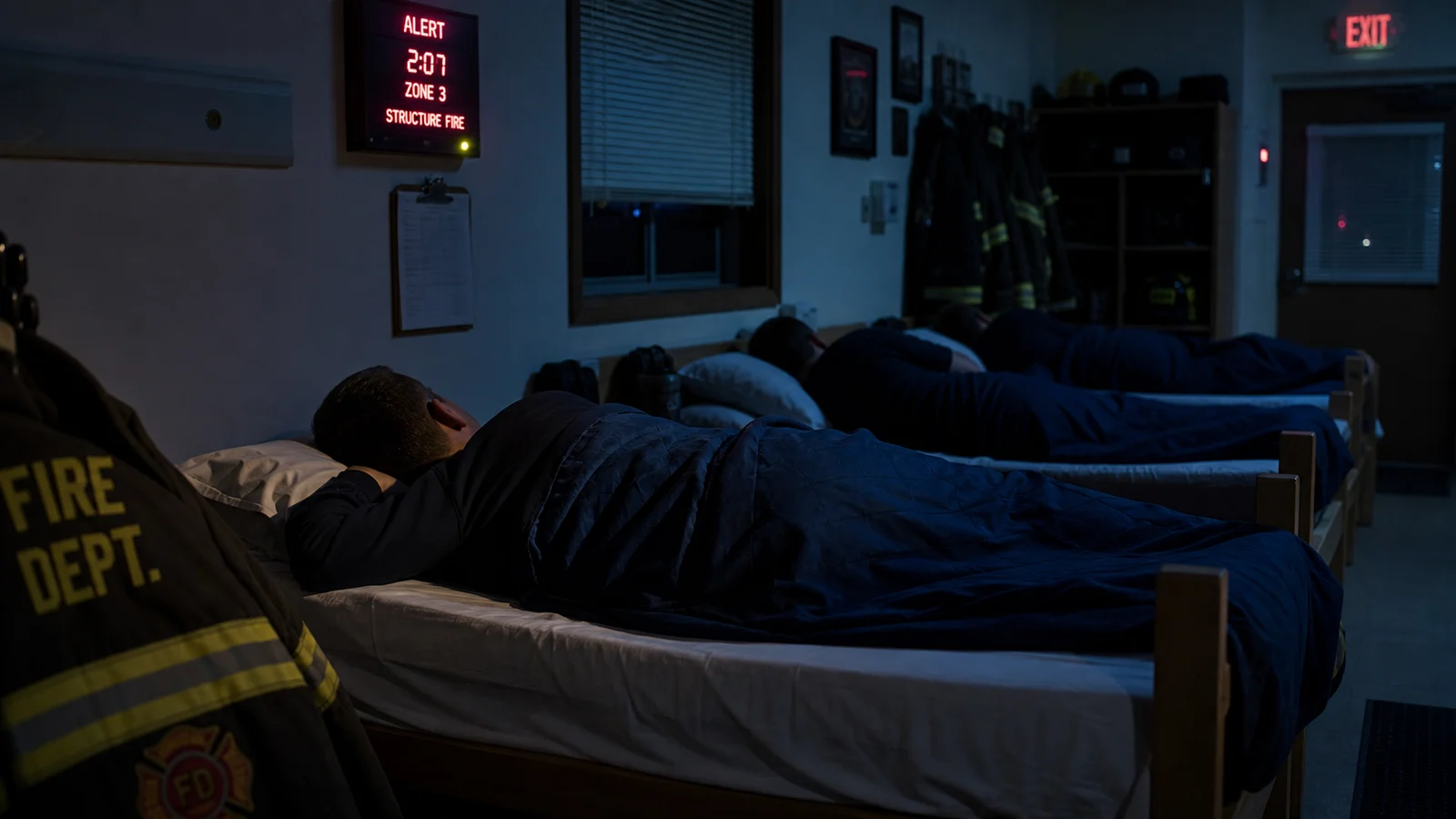 Photorealistic photo of a fire station bunk room at 2 a.m. &mdash; several firefighters in bunks, one clearly awake and staring at the ceiling unable to return to sleep after a call, the glow of an alert panel visible on the wall, the scene communicating the reality of fragmented sleep in the fire service, realistic documentary photography style with dim low blue-toned nighttime interior lighting, no faces shown clearly