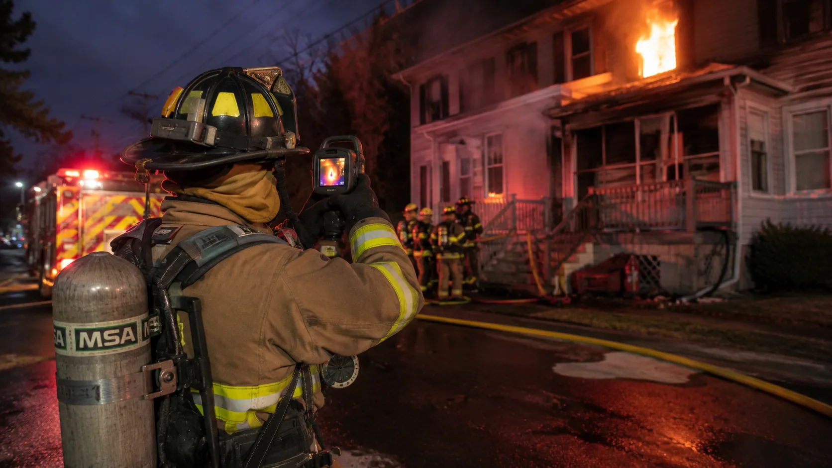 Firefighter in full turnout gear and SCBA holding a thermal imaging camera while conducting size-up outside a residential structure fire, flames visible from a second floor window &mdash; thermal imaging is standard on hoarding house fires for size-up and crew tracking but faces specific limitations inside hoarding conditions