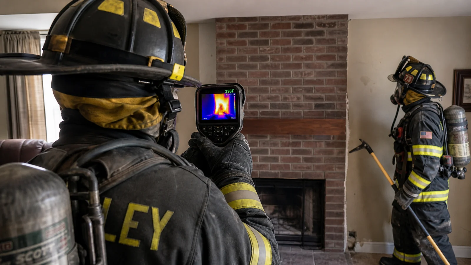 Photorealistic photo of a firefighter in structural turnout gear using a thermal imaging camera to scan the wall surrounding a brick fireplace chimney inside a residential living room &mdash; the TIC screen showing elevated heat readings along the chimney chase indicating potential fire extension into the framing, another firefighter standing by with a hand tool ready to open the wall, realistic editorial fire service documentary photography style, interior room lighting