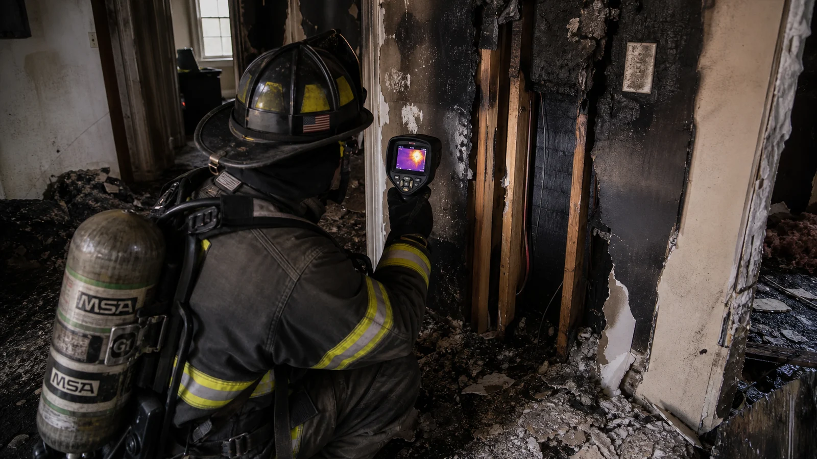 Photorealistic photo of a firefighter in structural turnout gear conducting overhaul with a thermal imaging camera &mdash; scanning a fire-damaged wall in a residential room, the TIC screen showing a bright white hot spot behind the drywall indicating a hidden smoldering area, partially opened wall visible beside the firefighter, charred debris on the floor, realistic documentary fire service photography style