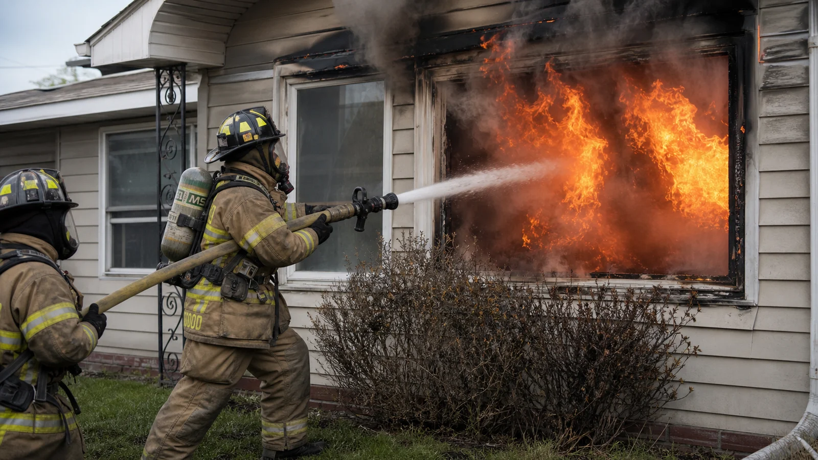 Photorealistic photo of a firefighter outside a burning residential house applying a straight stream of water through a large ground-floor window engulfed in flames &mdash; the firefighter in full structural turnout gear and SCBA directing a 1.75-inch hoseline at the main body of fire visible through the window opening, steam and darkening smoke visible as water contacts the fire, another firefighter behind on the hoseline, realistic documentary fire service photography style, dramatic daytime fire scene